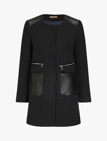 Manteau droit à poches plaquées en simili - Marine - 4