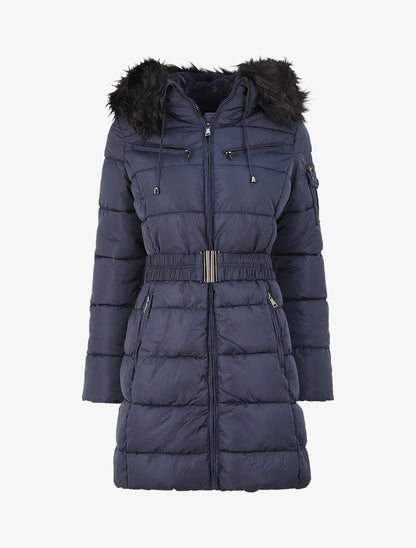 Doudoune mi-longue à poches zippées et capuche - Marine - 7