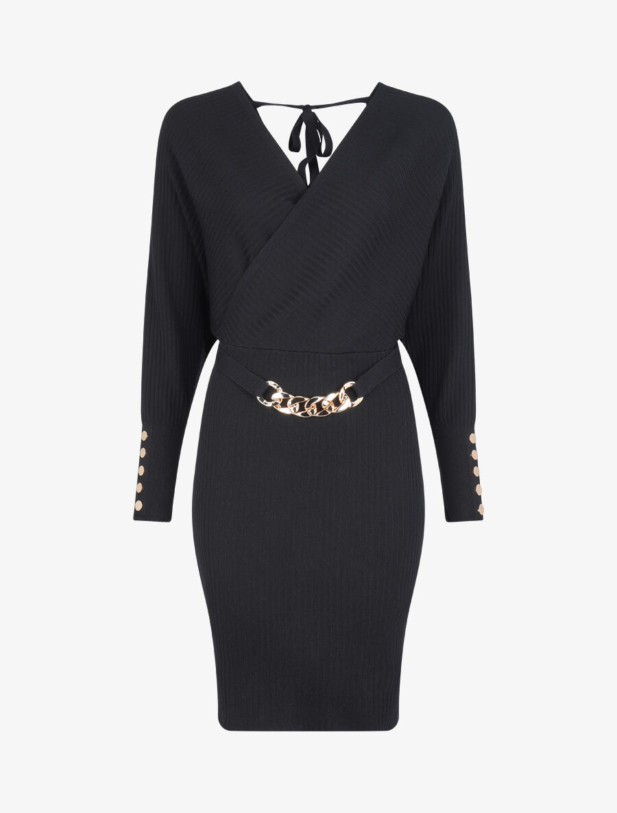 Robe cotelée à ceinture à détail chaîne - Noir - 1