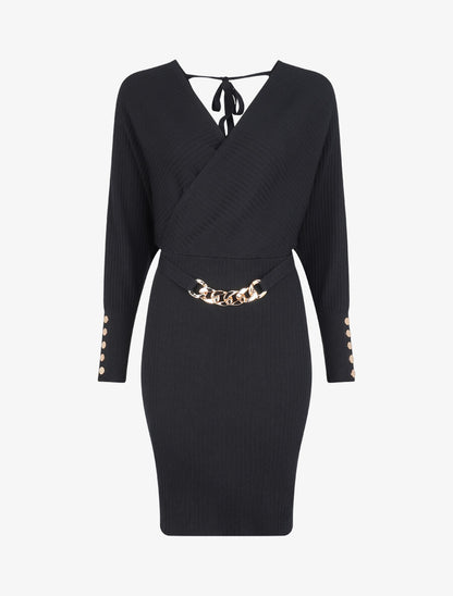 Robe cotelée à ceinture à détail chaîne - Noir - 1