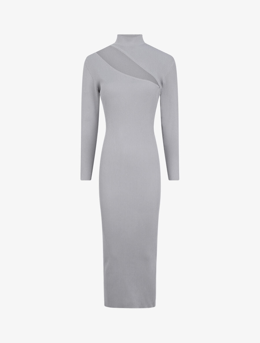 Robe pull côtelée et moulante à décolleté asymétrique - Gris clair - 4