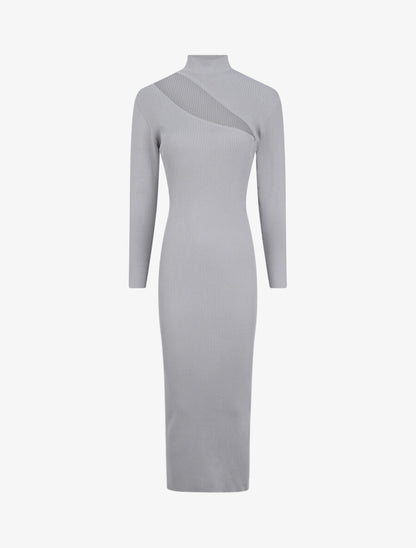 Robe pull côtelée et moulante à décolleté asymétrique - Gris clair - 4