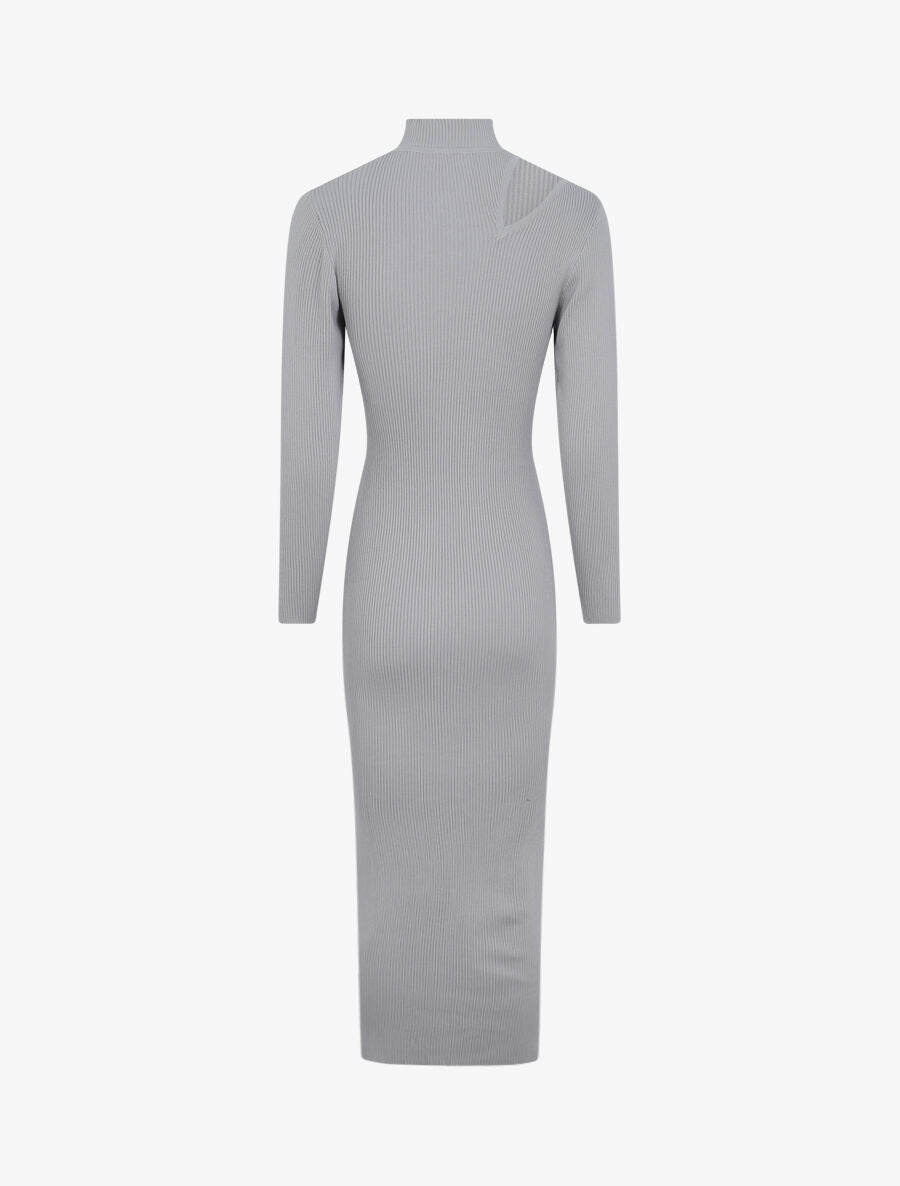 Robe pull côtelée et moulante à décolleté asymétrique - Gris clair - 2
