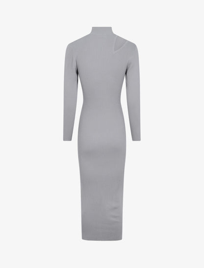 Robe pull côtelée et moulante à décolleté asymétrique - Gris clair - 2