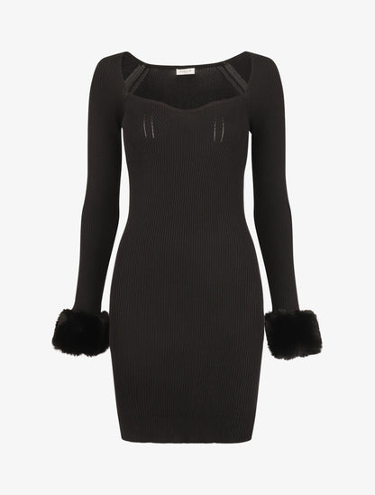 Robe pull à encolure coeur et poignets en fausse fourrure - Noir - 4
