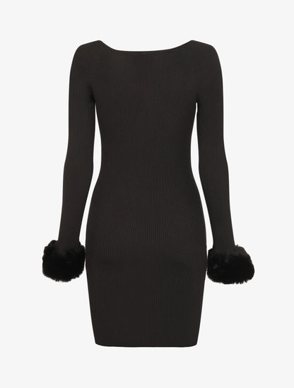 Robe pull à encolure coeur et poignets en fausse fourrure - Noir - 2