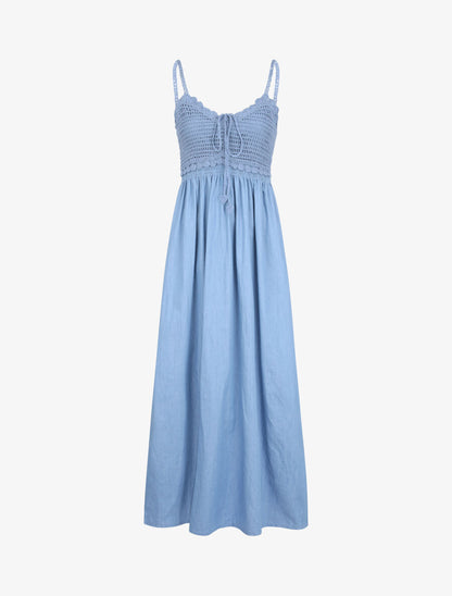 Robe longue denim à buste crochet - Bleu clair - 1