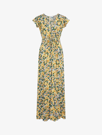 Robe longue empire à mancherons imprimé tulipes - Jaune - 5