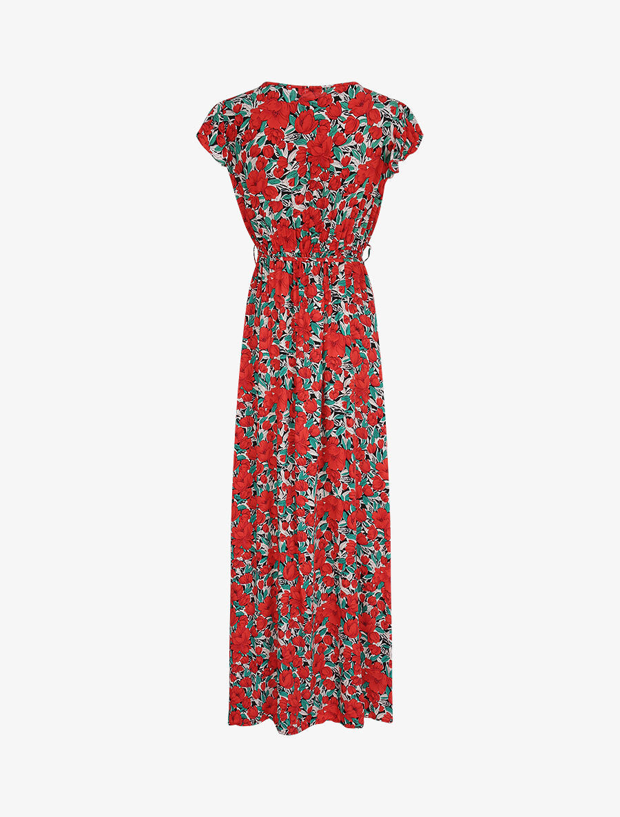 Robe longue empire à mancherons imprimé tulipes - Rouge - 2