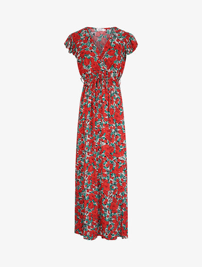 Robe longue empire à mancherons imprimé tulipes - Rouge - 3