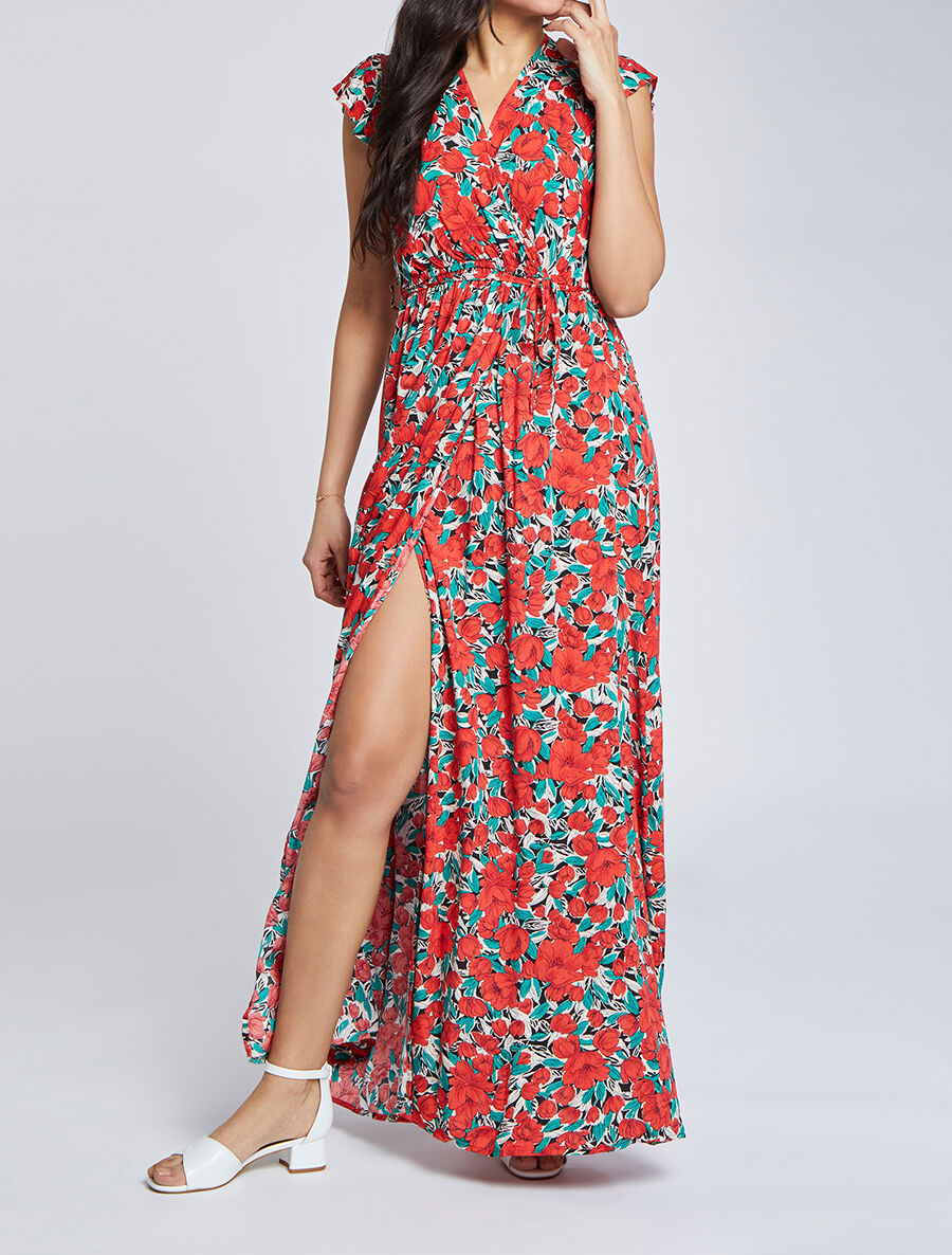 Robe longue empire à mancherons imprimé tulipes - Rouge - 1