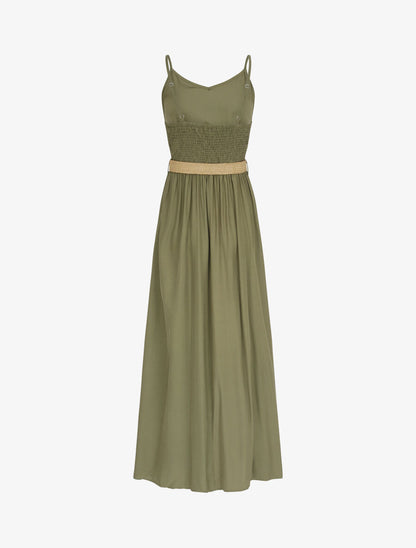 Robe longue unie à bretelles fines - Kaki - 2