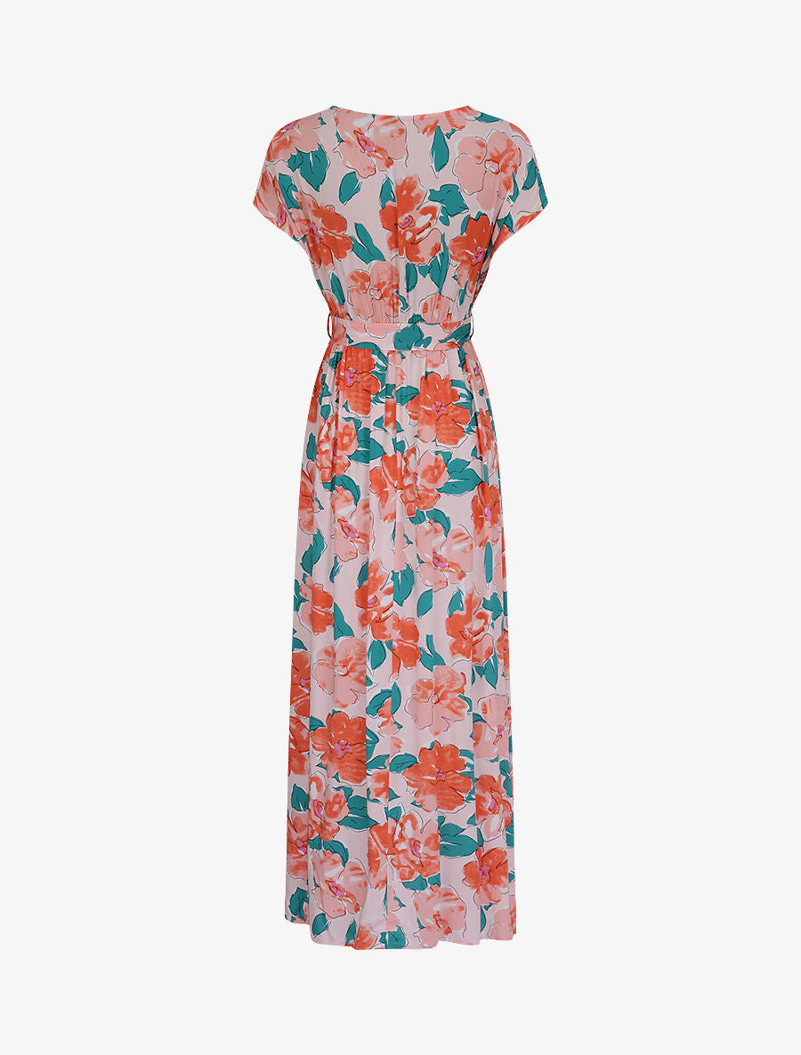 Robe longue empire à manches courtes et imprimé floral - Rose - 2