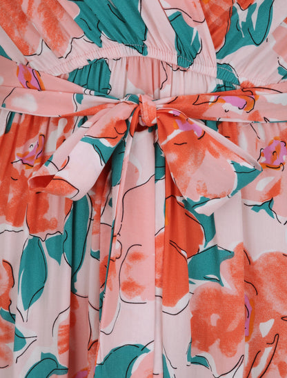 Robe longue empire à manches courtes et imprimé floral - Rose - 3