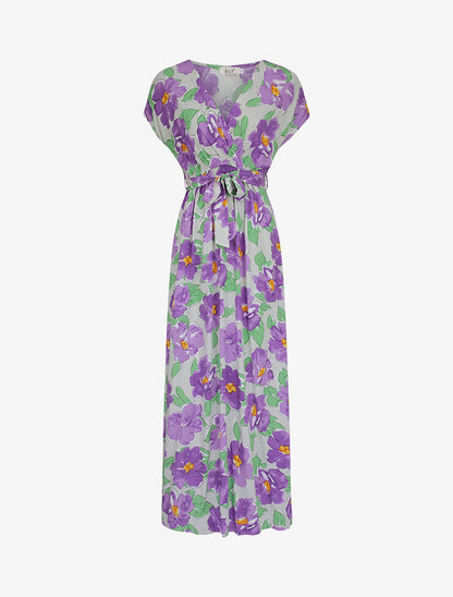 Robe longue empire à manches courtes et imprimé floral - Lilas - 4