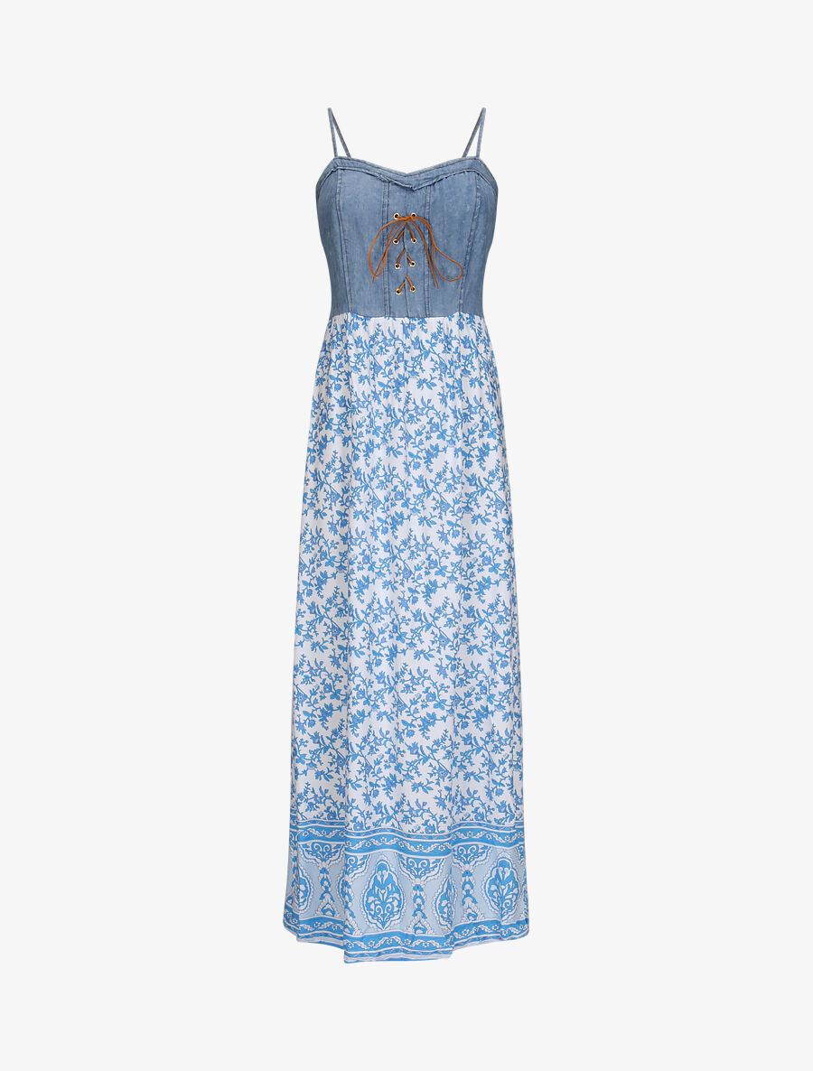 Robe longue empire à corset et imprimé fleurs stylisées - Blanc - 1