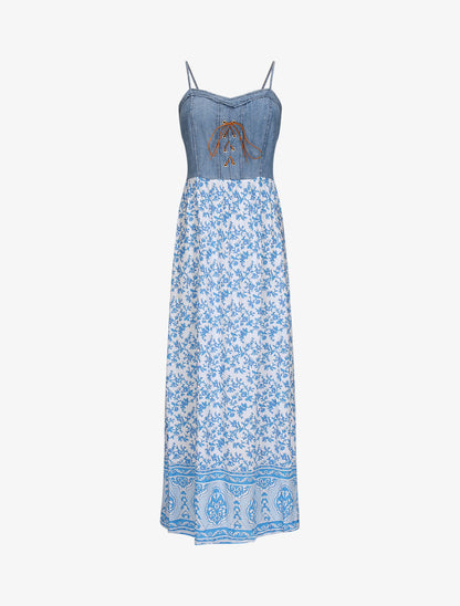 Robe longue empire à corset et imprimé fleurs stylisées - Blanc - 1