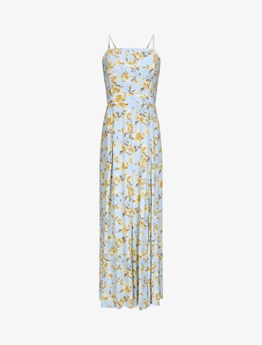 Robe longue empire fendue à imprimé roses - Bleu ciel - 1