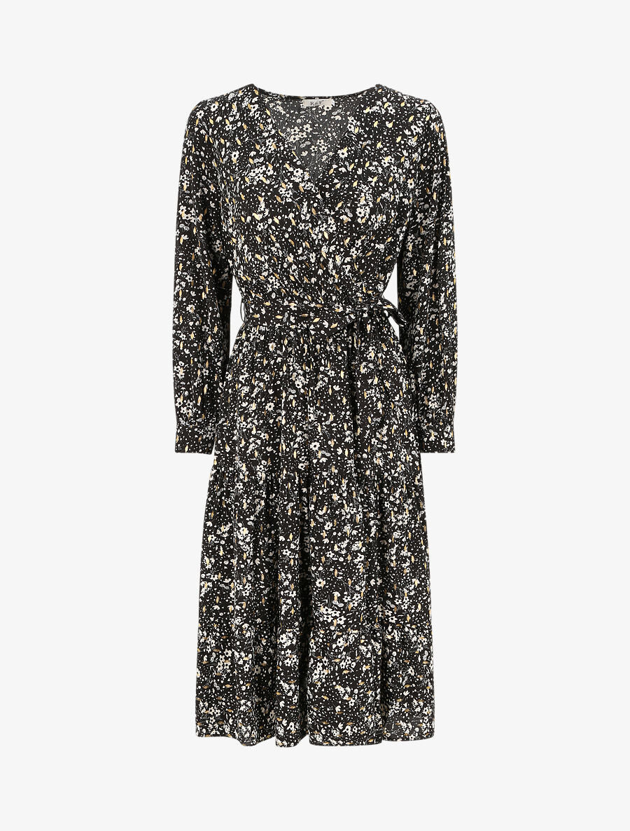 Robe longue cache-coeur à imprimé petites feuilles - Noir - 1