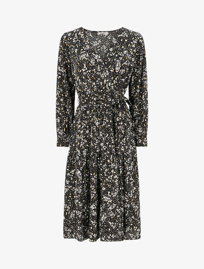 Robe longue cache-coeur à imprimé petites feuilles - Noir - 1