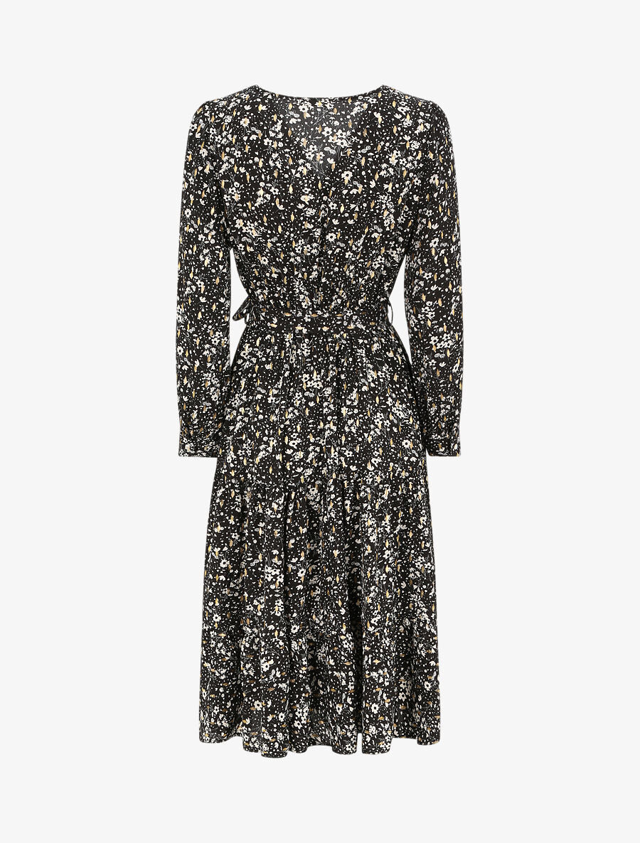 Robe longue cache-coeur à imprimé petites feuilles - Noir - 2