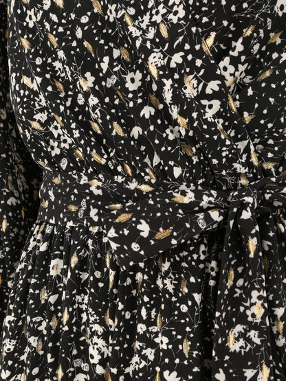 Robe longue cache-coeur à imprimé petites feuilles - Noir - 3
