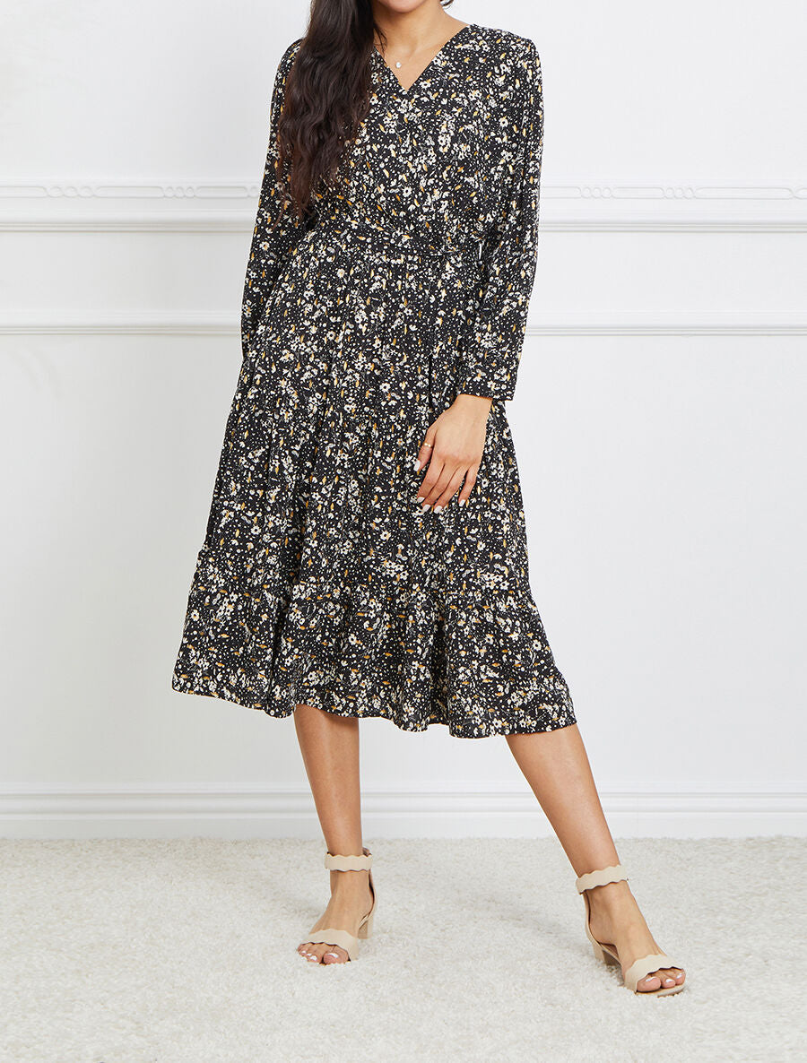 Robe longue cache-coeur à imprimé petites feuilles - Noir - 4