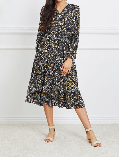 Robe longue cache-coeur à imprimé petites feuilles - Noir - 4
