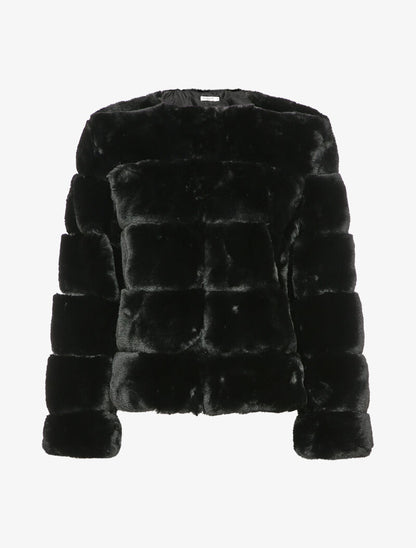 Manteau court en fausse fourrure à col rond - Noir - 1