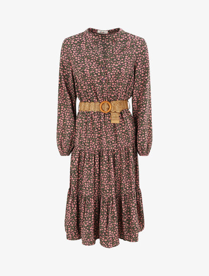 Robe longue empire à imprimé petites fleurs - Vieux rose - 1