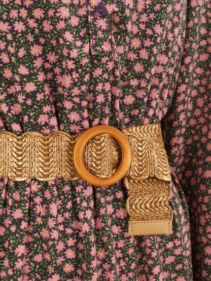 Robe longue empire à imprimé petites fleurs - Vieux rose - 3