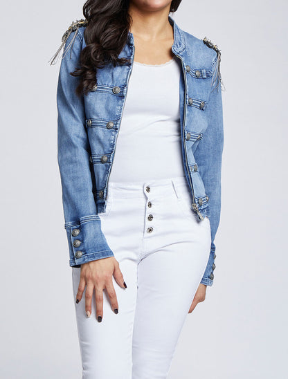 Veste en jean à épaules ornées de strass - Bleu denim - 4