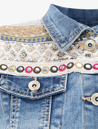 Veste en jean sans manches ornée de sequins et de perles - Bleu denim - 3