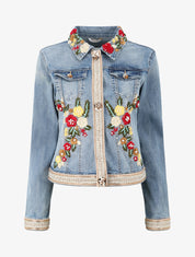 Veste en jean ornée de broderies et de strass - Bleu denim - 1