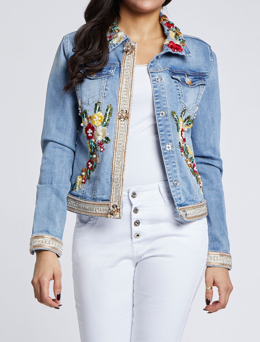 Veste en jean ornée de broderies et de strass - Bleu denim - 4