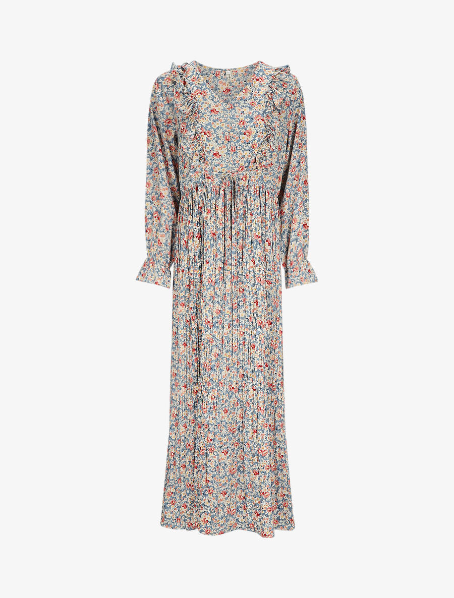Robe longue évasée à volants imprimé fleurs des champs - Bleu ciel - 4