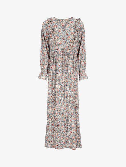 Robe longue évasée à volants imprimé fleurs des champs - Bleu ciel - 4