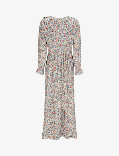 Robe longue évasée à volants imprimé fleurs des champs - Bleu ciel - 2