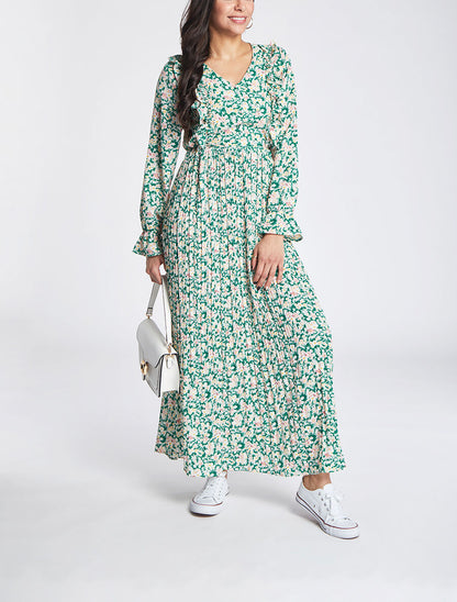 Robe longue évasée à volants imprimé fleurs des champs - Vert - 4
