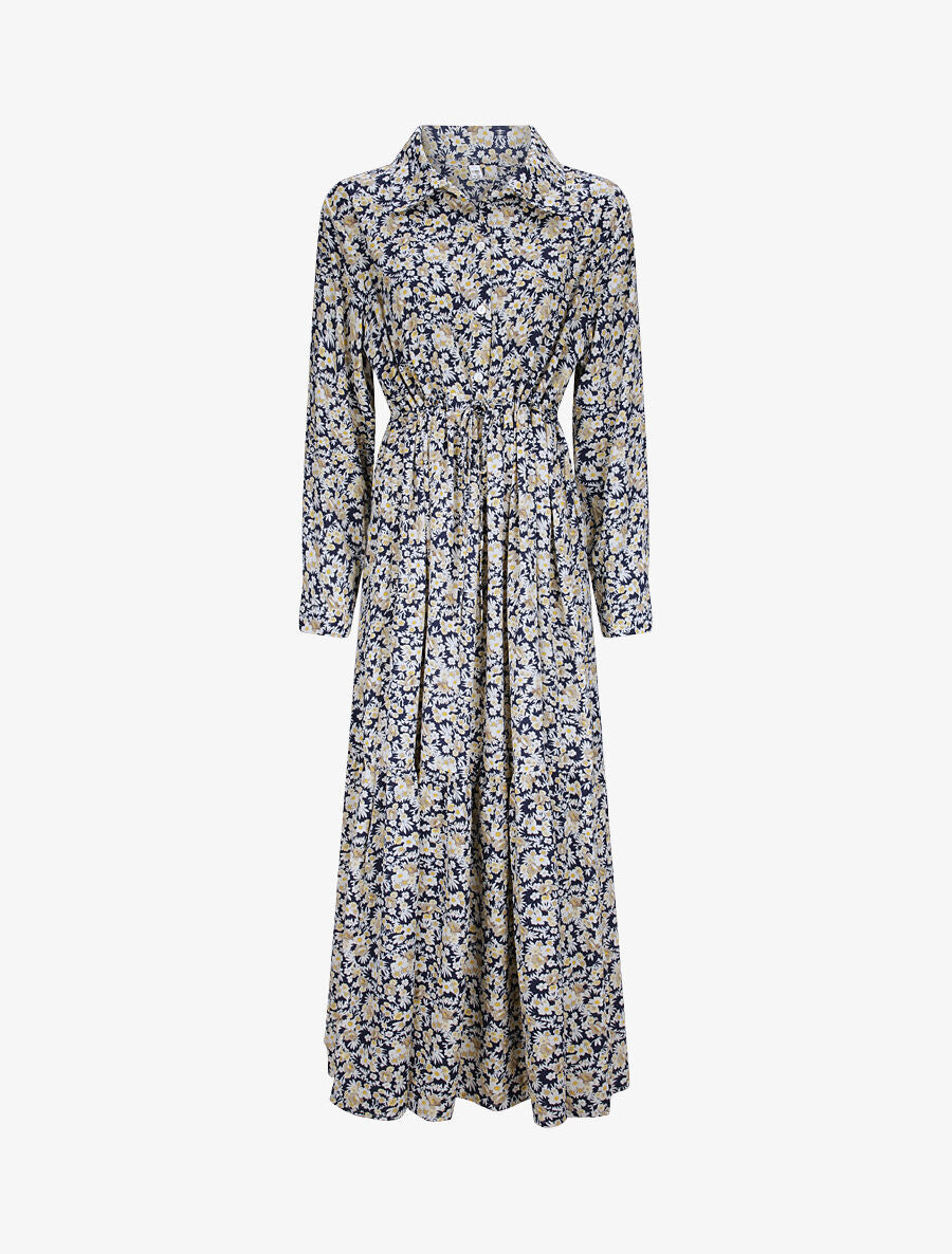 Robe longue évasée à manches longues et imprimé fleurs des champs - Marine - 4