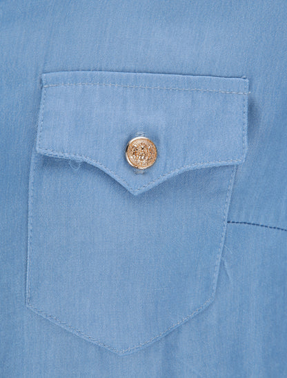 Robe chemise courte unie poches à rabat - Bleu - 3