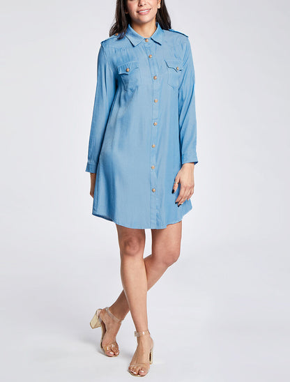 Robe chemise courte unie poches à rabat - Bleu - 4