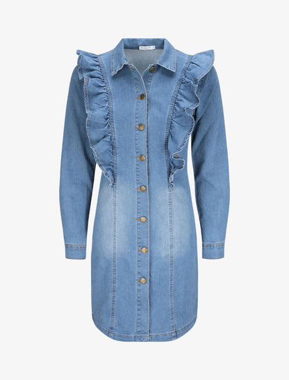 Chemise longue en jean droite à épaules volantées - Bleu - 1