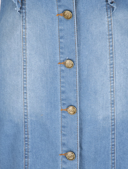 Chemise longue en jean droite à épaules volantées - Bleu - 3