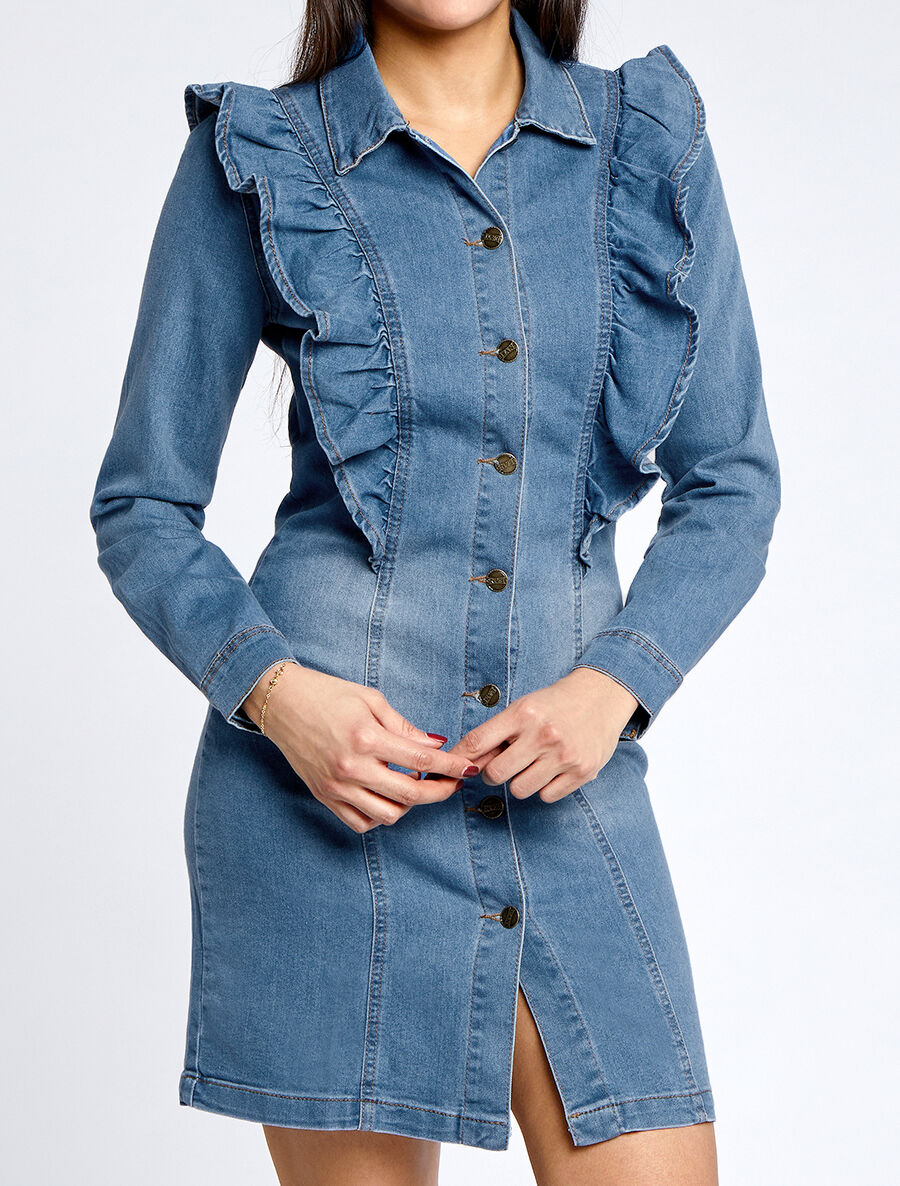 Chemise longue en jean droite à épaules volantées - Bleu - 4