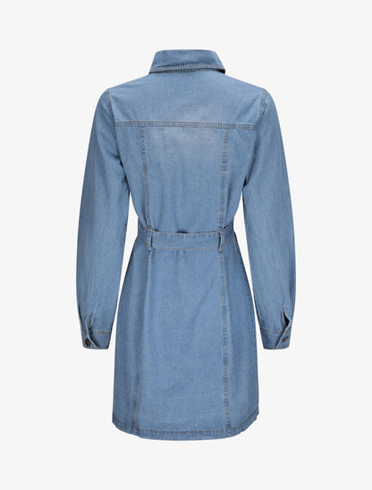 Robe chemise courte en jean droite unie - Bleu - 2