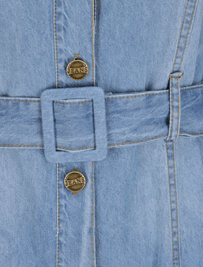 Robe chemise courte en jean droite unie - Bleu - 3