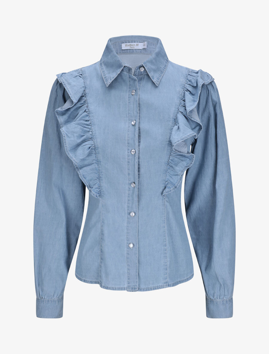 Chemise en jean cintrée unie volantée - Bleu - 4
