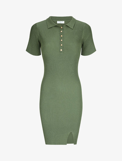 Robe courte ajustée unie à col à pied - Kaki - 1