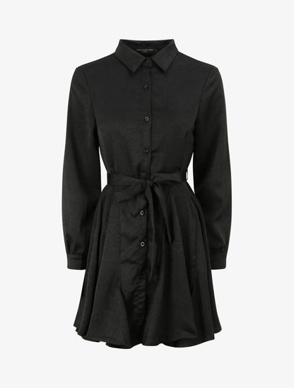 Robe chemise satinée à bords volantés - Noir - 1